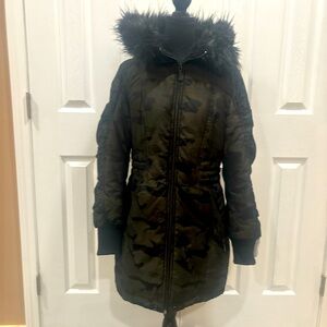 DKNY Womens Cammo Faux Fur Trim Puffer Coat Size M